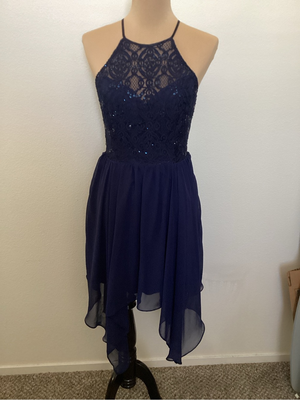 B Darlin Navy Blue Asymmetrical Lace Halter Dress